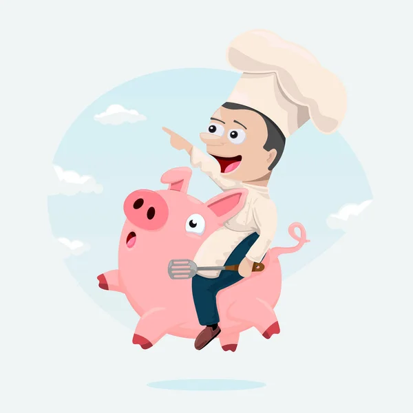 Ilustración Vectorial Chef Sentado Cerdo Volador — Vector de stock