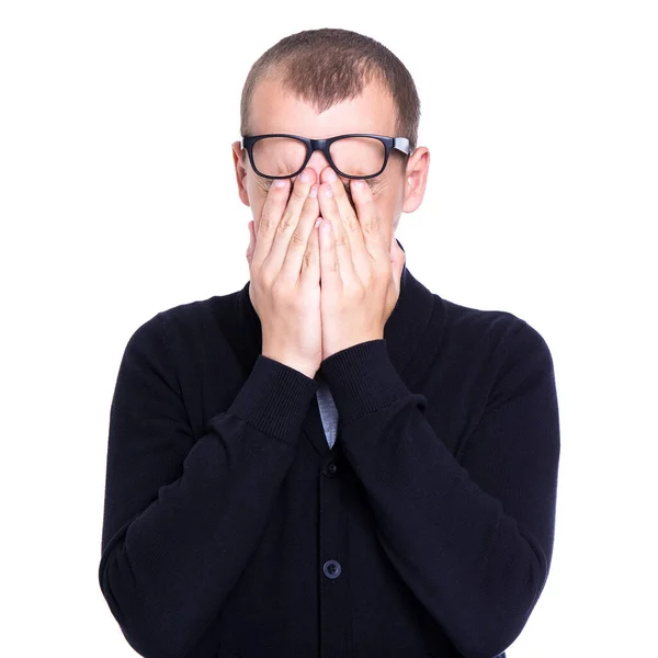 Stress Depressionen Und Probleme Junger Mann Weint Isoliert Auf Weißem — Stockfoto