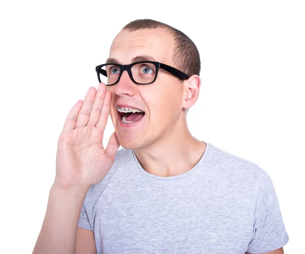 Portret Van Grappige Jongeman Bril Met Beugels Tanden Bellen Iemand — Stockfoto