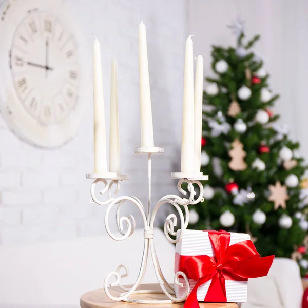 Candles Vintage Candlestick Decorated Christmas Interior — Stock Photo, Image