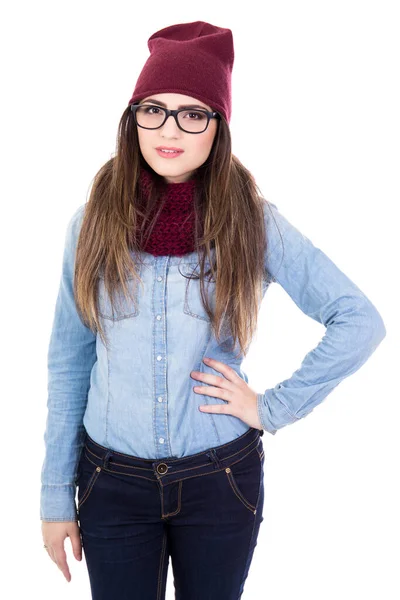 Retrato Mujer Joven Ropa Invierno Posando Aislada Sobre Fondo Blanco —  Fotos de Stock