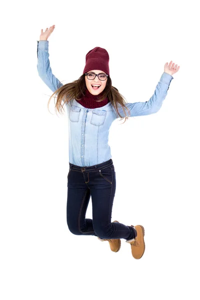 Vtipný Dospívající Dívka Jumping Izolovaný Bílém Pozadí — Stock fotografie