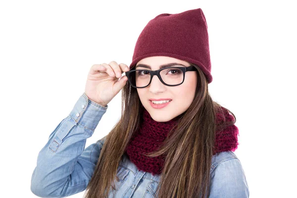 Portrait Jeune Femme Vêtue Hiver Lunettes Isolées Sur Fond Blanc — Photo