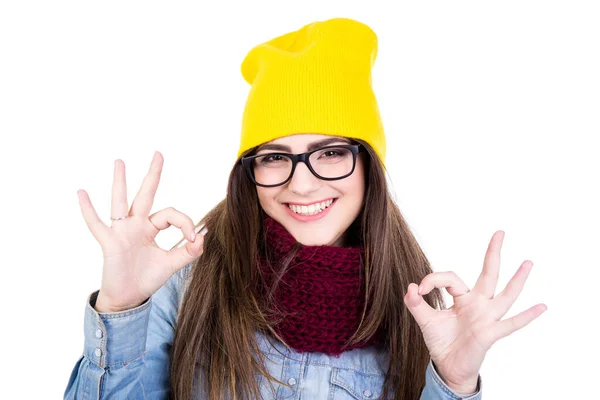 Portrait Young Woman Winter Clothes Showing Sign Isolated White Background — Stock Photo, Image