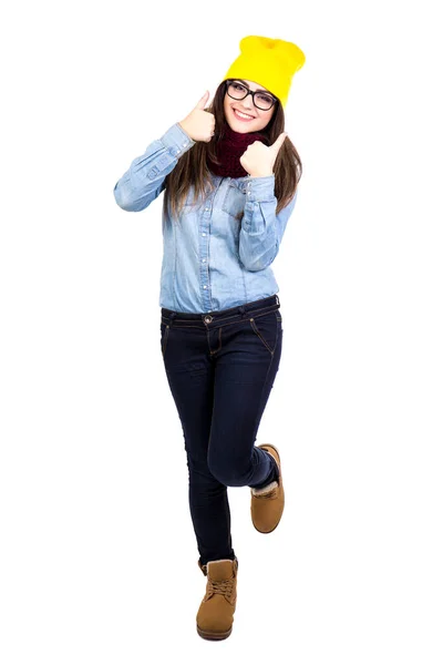 Portrait Young Woman Winter Clothes Thumbs Isolated White Background — Stock Photo, Image