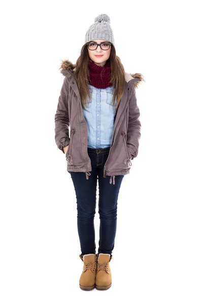 Full Längd Porträtt Ung Kvinna Vinter Kläder Isolerad Vit Bakgrund — Stockfoto