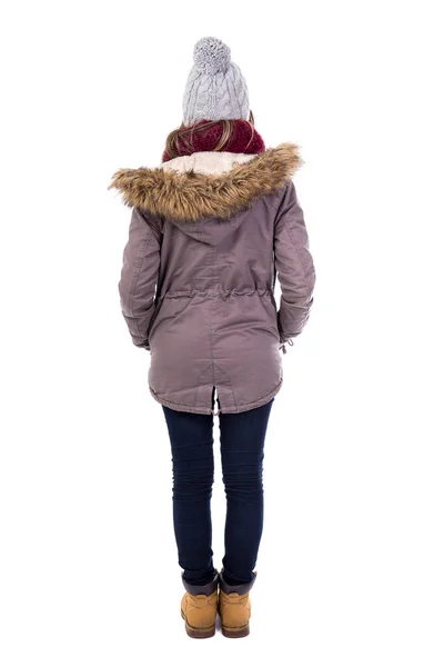 Terug Uitzicht Jonge Vrouw Winter Kleren Geïsoleerd Witte Achtergrond — Stockfoto