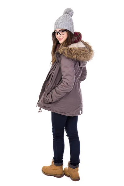 Rear View Young Woman Winter Clothes Isolated White Background — Stock Photo, Image