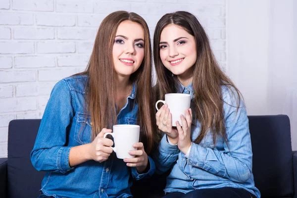 Koncept Přátelství Dvě Krásné Ženy Pijí Kávu Nebo Čaj Doma — Stock fotografie