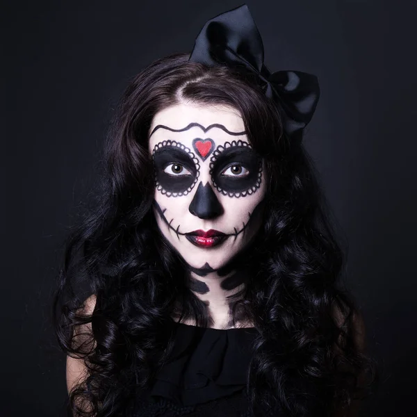 Halloween Concept Close Portret Van Jonge Vrouw Met Schedel Make — Stockfoto