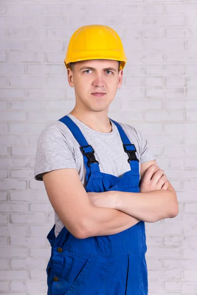 Builder Uniform Posing White Brick Wall — Stock Photo, Image
