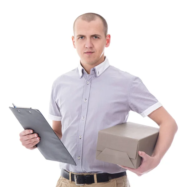 Post Delivery Service Concept Man Met Klembord Kartonnen Doos Geïsoleerd — Stockfoto