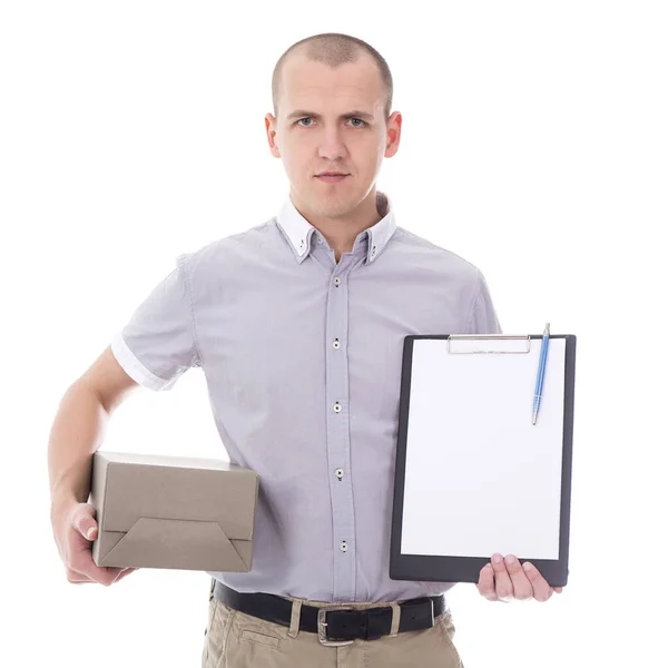 Post Delivery Service Concept Young Man Holding Clipboard Cardboard Box — Stock Photo, Image