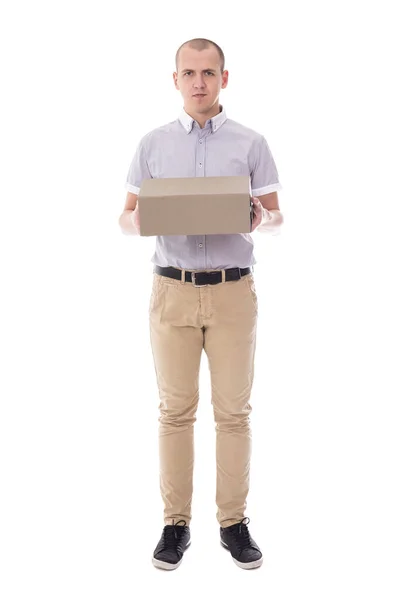 Post Delivery Concept Full Length Portrait Young Man Cardboard Box — Stock Photo, Image