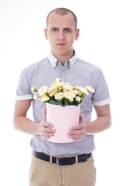 Portret Van Man Met Kartonnen Doos Met Bloemen Geïsoleerd Witte — Stockfoto