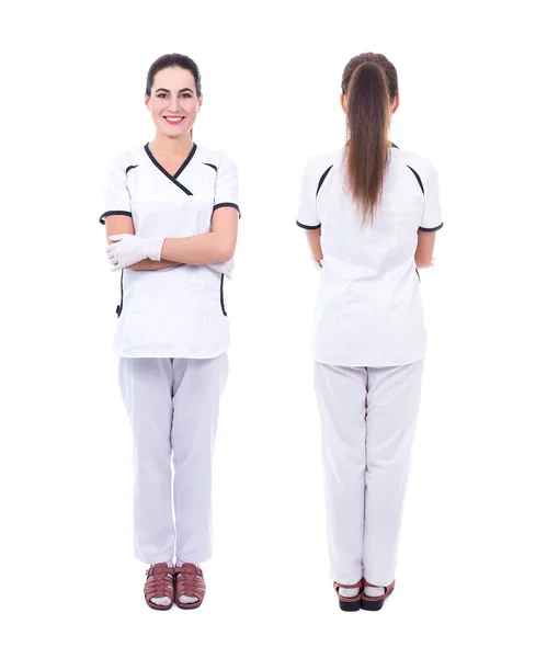 Vorder Und Rückseite Der Ärztin Isoliert Auf Weißem Hintergrund — Stockfoto