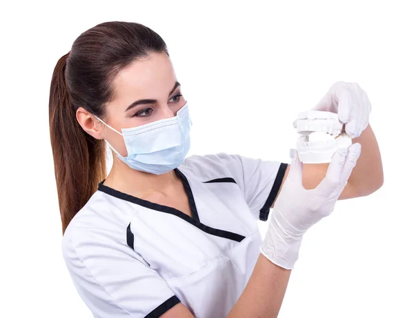 Attractive Female Doctor Surgeon Holding Jaws Isolated White Background — Stock Photo, Image