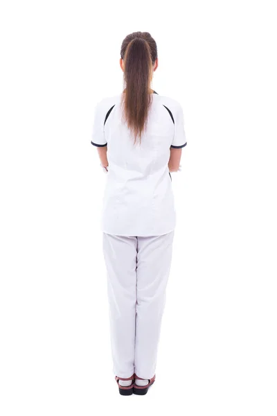 Pohled Zezadu Žena Lékař Uniformě Izolované Bílém Pozadí — Stock fotografie