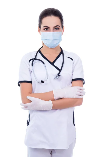 Attractive Female Doctor Mask Gloves Isolated White Background Royalty Free Stock Photos