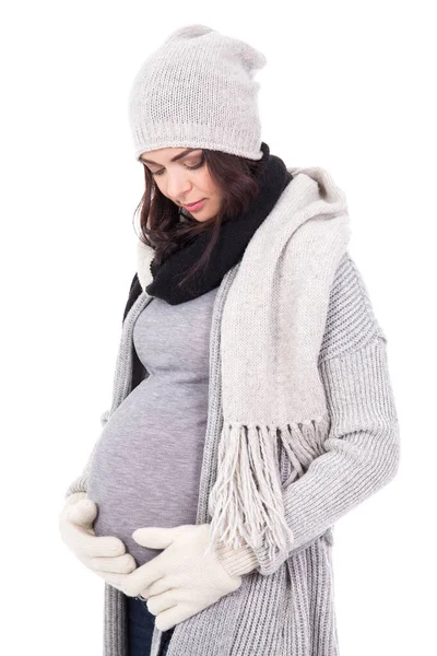 Young Pregnant Woman Winter Clothes Isolated White Background — Stock Photo, Image