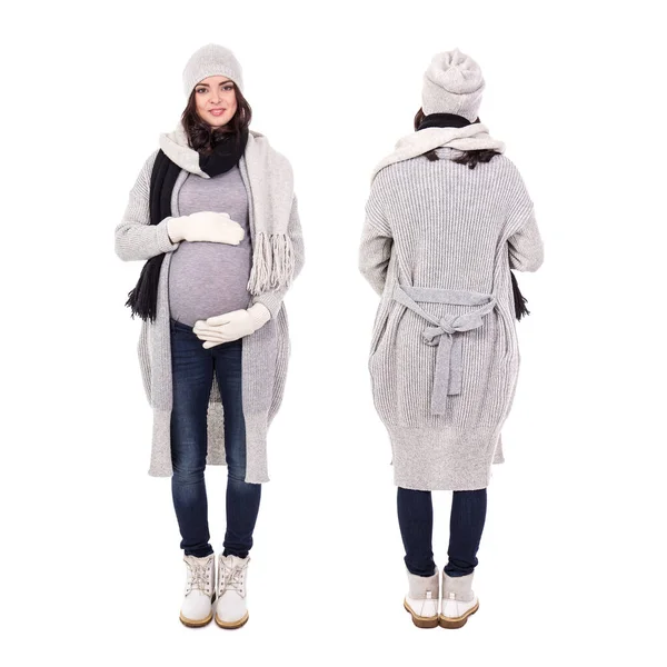 Plná Délka Přední Zadní Pohled Mladé Těhotné Ženy Zimním Oblečení — Stock fotografie