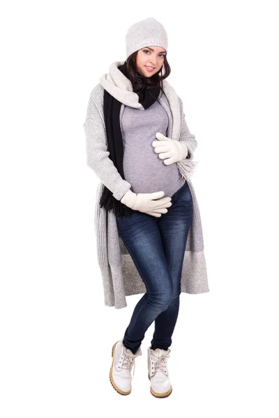 全长的孕妇画像 穿着温暖的冬季衣服 背景为白色 — 图库照片