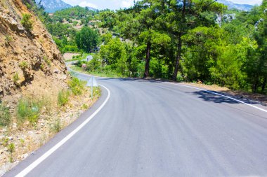 seyahat kavramı - dağlar ve orman arasındaki eğri asfalt yol