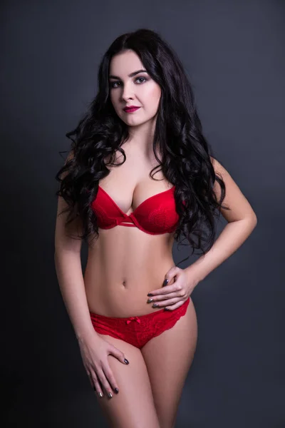 Sexy Beautiful Size Model Red Lingerie Posing Black Background — Stock Photo, Image