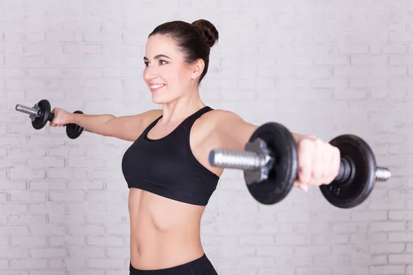 Sport Concept Young Beautiful Woman Doing Exercises Dumbbells White Brick — Stock Photo, Image