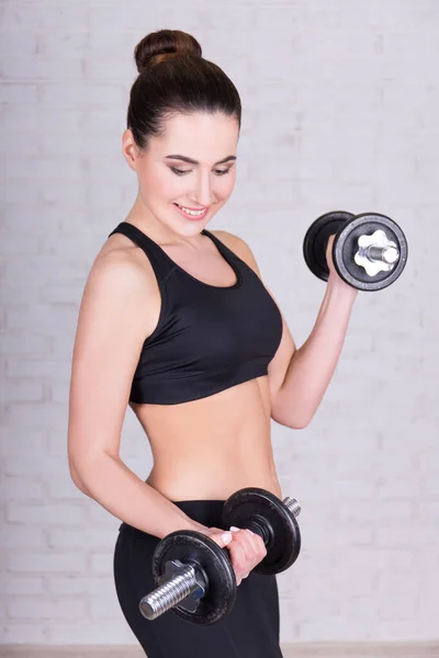 Sport Strength Concept Young Woman Doing Exercises Dumbbells White Brick — Stock Photo, Image