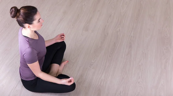 Top View Young Slim Woman Sitting Yoga Pose Floor — Stock Photo, Image