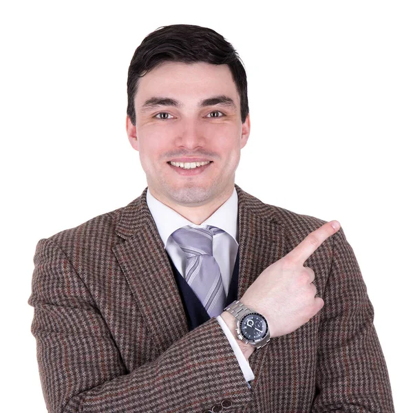 Cheerful Businessman Pointing Something Isolated White Background — Stock Photo, Image