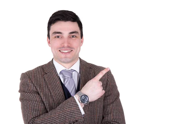Portrait Cheerful Businessman Pointing Something Isolated White Background — Stock Photo, Image