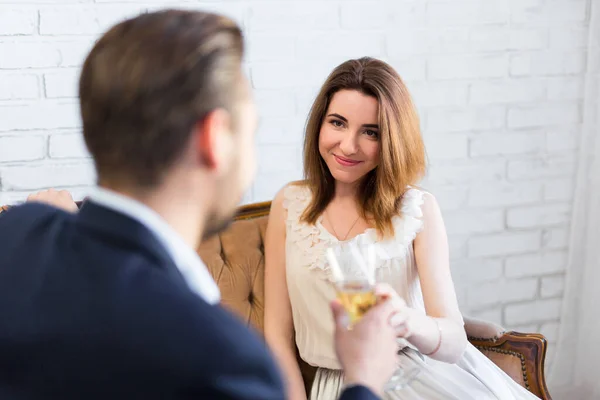 Portrait Happy Couple Drinking Champagne Restaurant — Stock Photo, Image