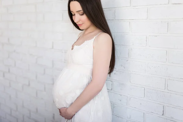 Pregnancy Motherhood Concept Portrait Beautiful Pregnant Woman Posing White Brick — Stock Photo, Image