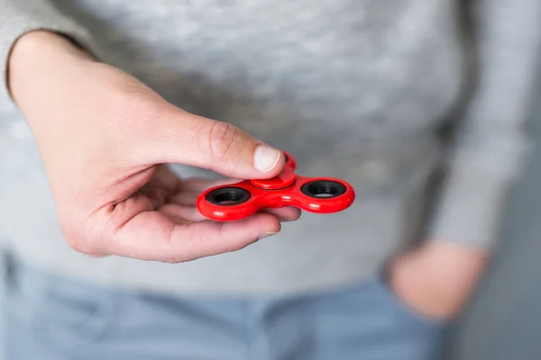 Boy Young Man Playing Red Fidget Spinner — Stock Photo, Image