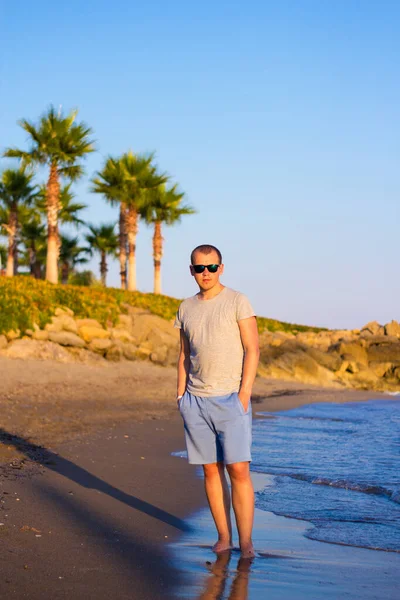 Beach Travel Young Handsome Man Standing Sandy Beach — Stock Photo, Image