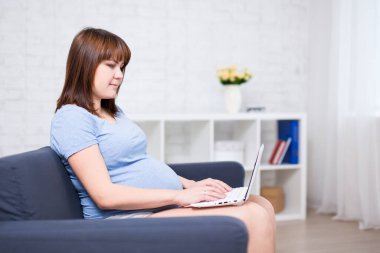 Oturma odasındaki koltukta oturan ve dizüstü bilgisayar kullanan hamile kadının yan görüntüsü.