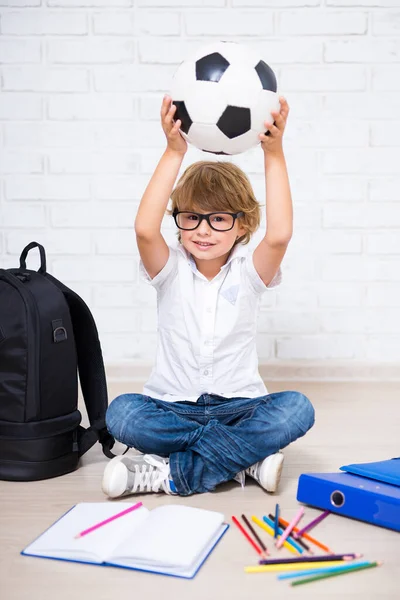 Cute Little Boy Glasses School Tools Soccer Ball Home — Stock Photo, Image