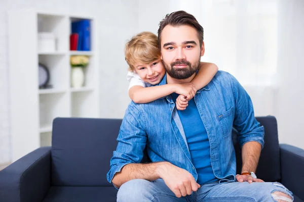 Family Love Concept Little Son Embracing His Father Home — Stock Photo, Image