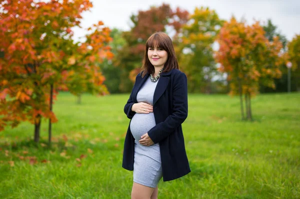 Retrato Larga Duración Mujer Embarazada Posando Parque Otoño —  Fotos de Stock