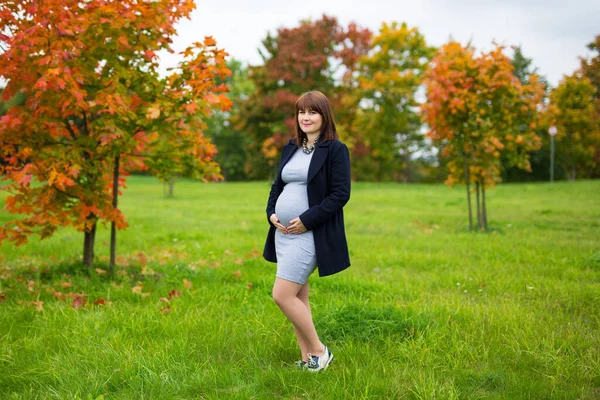 Portrait Pleine Longueur Belle Femme Enceinte Marchant Dans Parc Automne — Photo