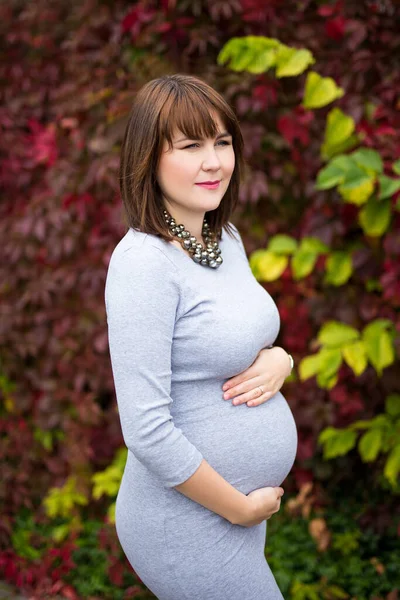 Doordachte Zwangere Vrouw Poseren Herfst Achtergrond — Stockfoto