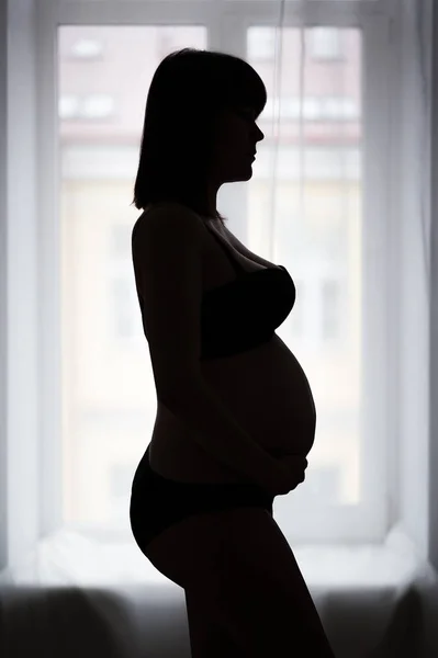 Ciąża Macierzyństwo Koncepcja Sylwetka Kobiety Ciąży Bieliźnie Pozowanie Nad Oknem — Zdjęcie stockowe