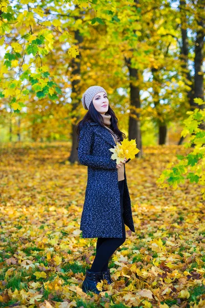 Ganzkörperporträt Einer Jungen Schönen Frau Die Mit Gelben Blättern Herbstpark — Stockfoto