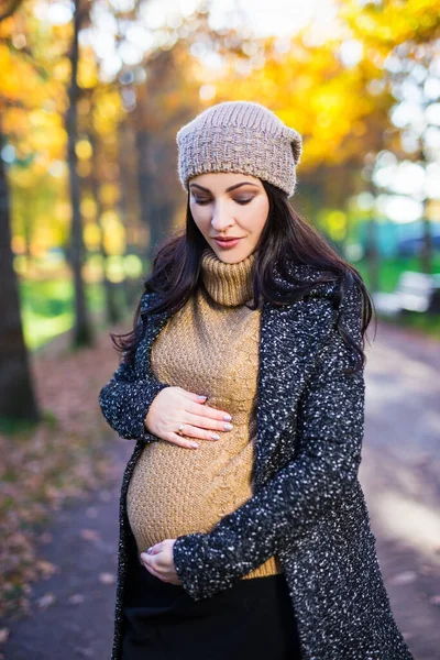 Atraktivní Těhotná Žena Pózující Podzimním Parku — Stock fotografie