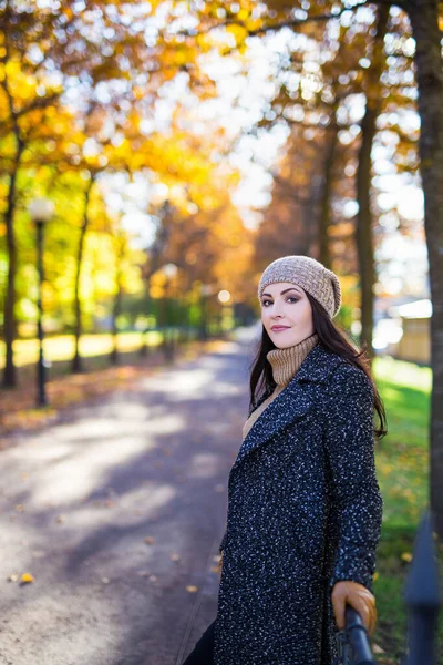 Retrato Mulher Atraente Feliz Posando Parque Outono — Fotografia de Stock
