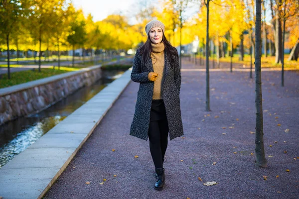 Concetto Stagionale Giovane Donna Attraente Che Cammina Nel Parco Autunnale — Foto Stock