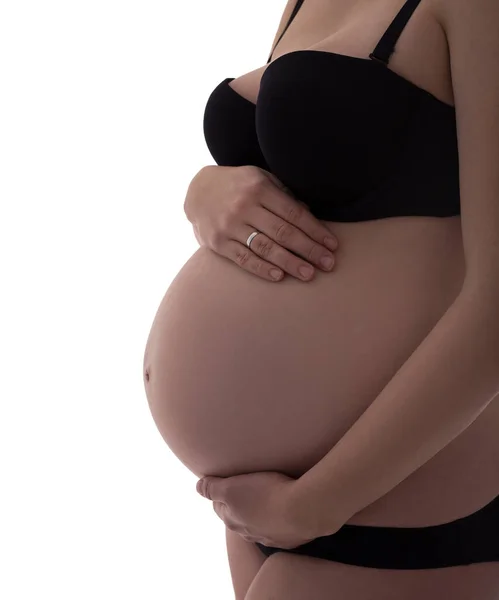 Zblízka Těhotné Břicho Izolované Bílém Pozadí — Stock fotografie