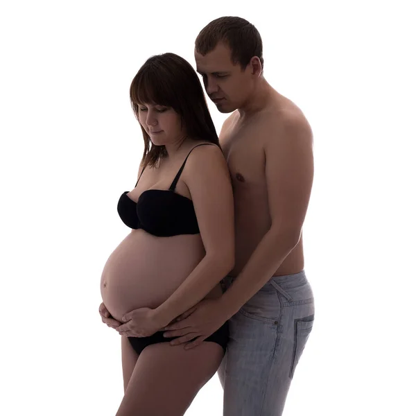 Silueta Těhotného Páru Lásce Izolované Bílém Pozadí — Stock fotografie